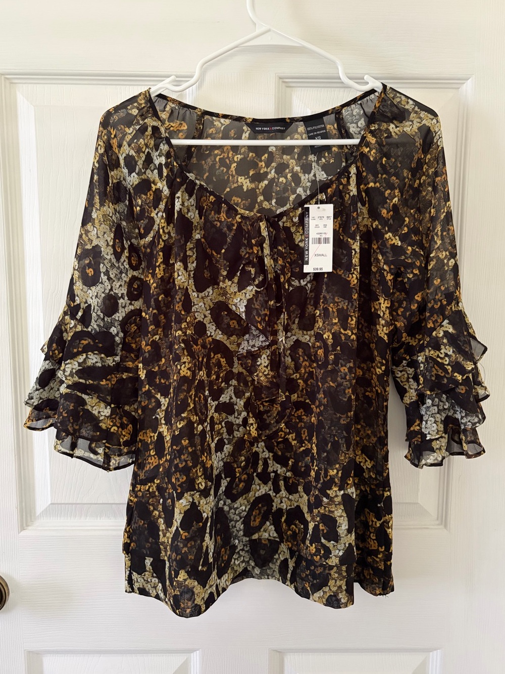 New York & Company Black and Gold Sheer Ruffle Sleeve Blouse